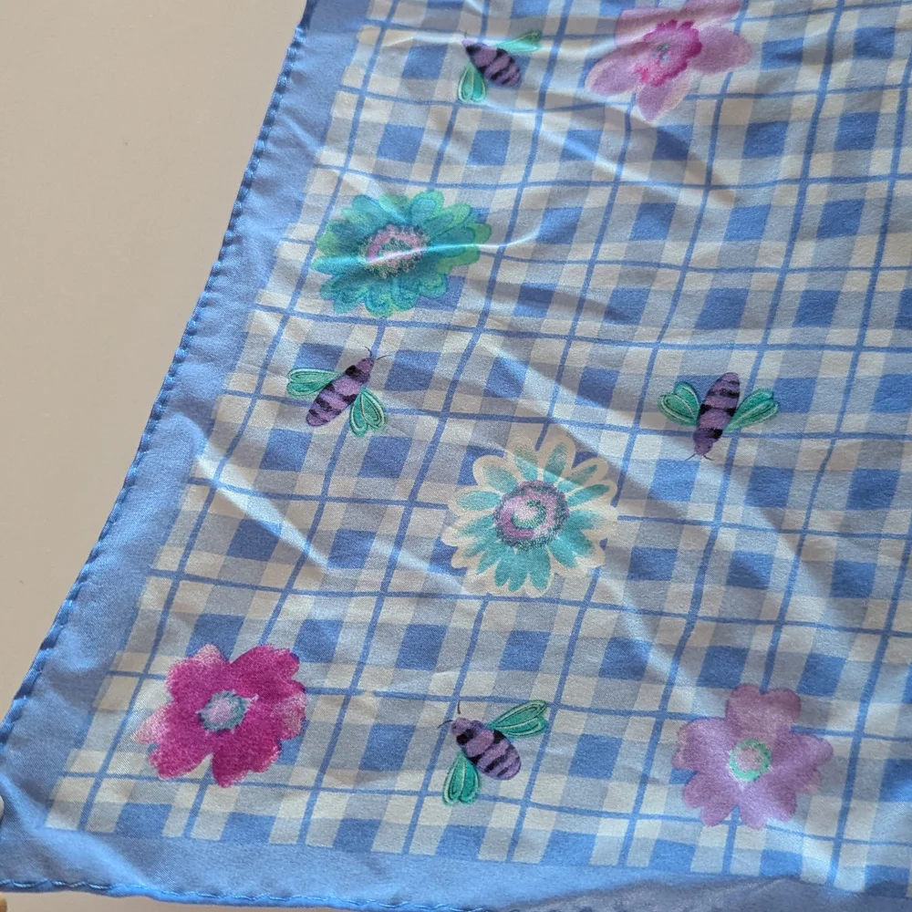 Vintage 80s Elaine Gold Silk Floral Blue Checkered Scarf Cottagecore Boho